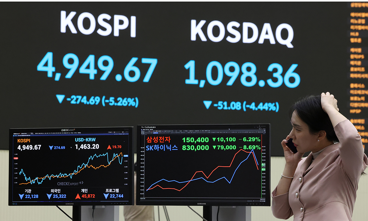2일 서울 여의도 한국거래소 홍보관에 코스피 및 코스닥, 삼성전자, SK하이닉스 지수가 표시되고 있다. 이날 코스피는 전장보다 274.69포인트(5.26%) 내린 4,949.67로 거래를 마감했다.연합뉴스