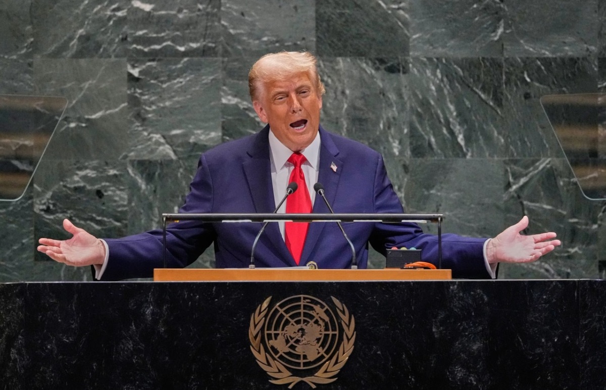 지난 2025년 9월 미국 뉴욕에서 열린 유엔 총회에 참석한 도널드 트럼프 미국 대통령이 세계 각국 대표단을 상대로 연설하고 있다.&nbsp;AP연합뉴스