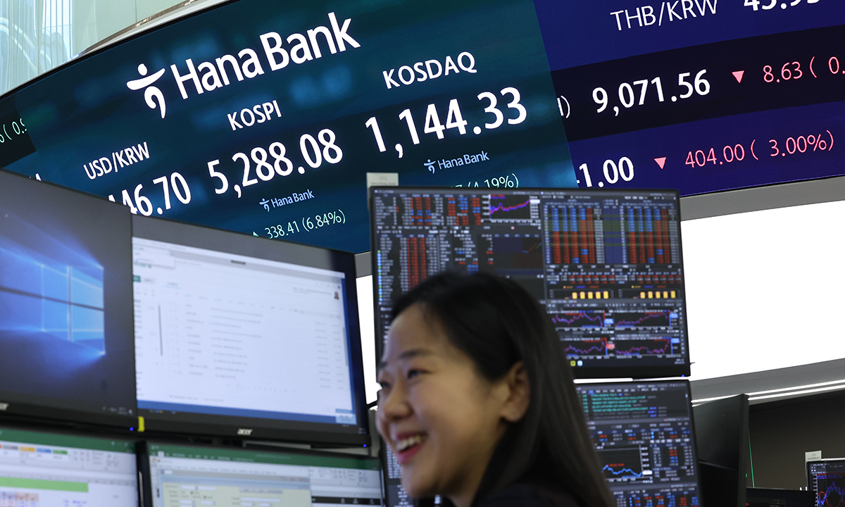 3일 서울 중구 하나은행 딜링룸에 코스피 지수가 나타나고 있다. 이날 코스피지수는 전일대비 338.41p(6.84%) 상승한 5,288.08로 장을 마감햇다.