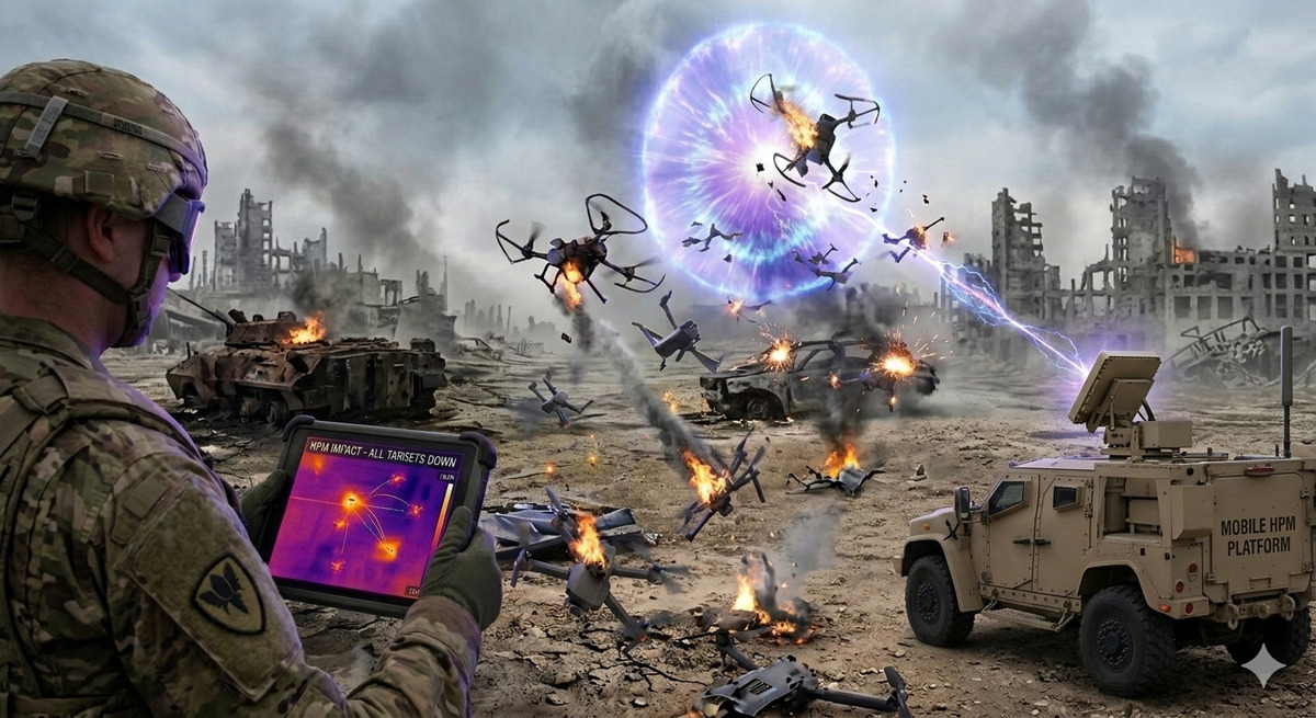 전장에서 병사가 전자기파 무기로 군집드론을 무력화하고 있다. 위 사진은 기사 이해를 돕기 위해&nbsp;AI(인공지능)를 활용해 생성된 가상의 이미지다.&nbsp;제미나이 생성 이미지