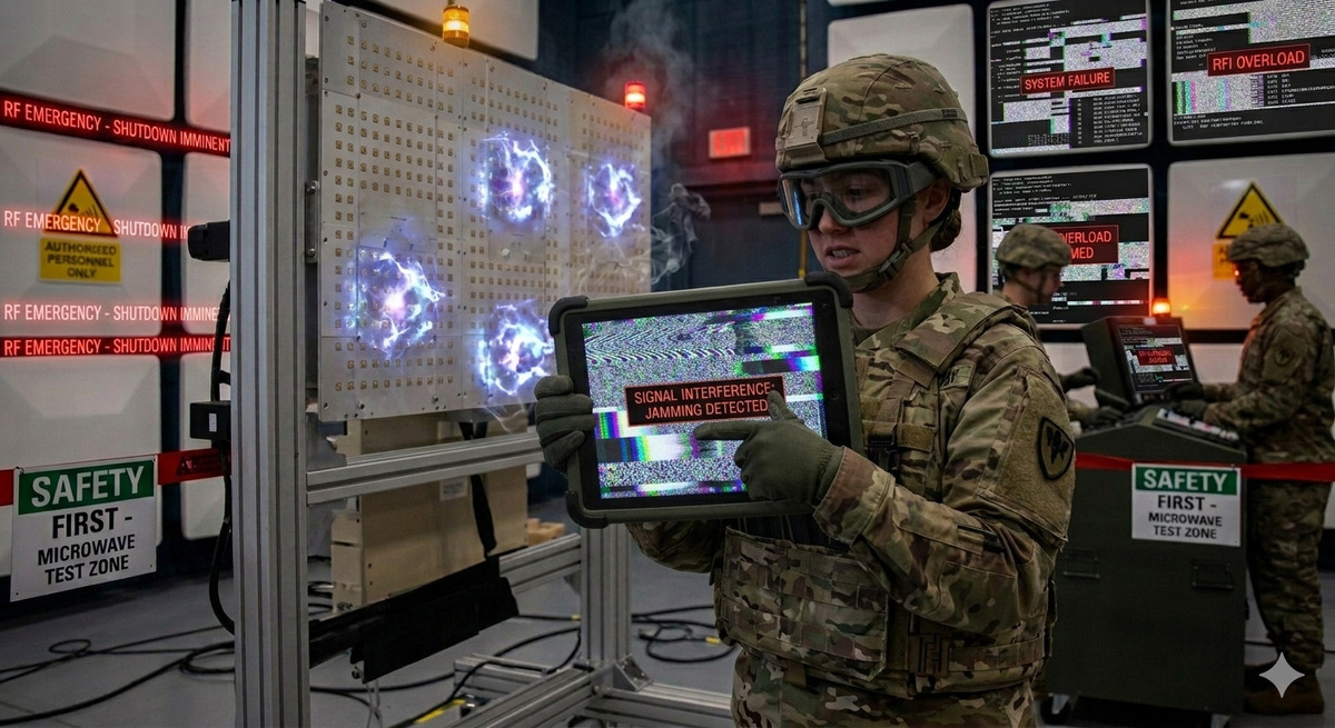 실험실에서 한 병사가 전자기파로 인해 장비 오류가 발생한 모습.&nbsp;위 사진은 기사 이해를 돕기 위해&nbsp;AI(인공지능)를 활용해 생성된 가상의 이미지다. 제미나이 생성 이미지