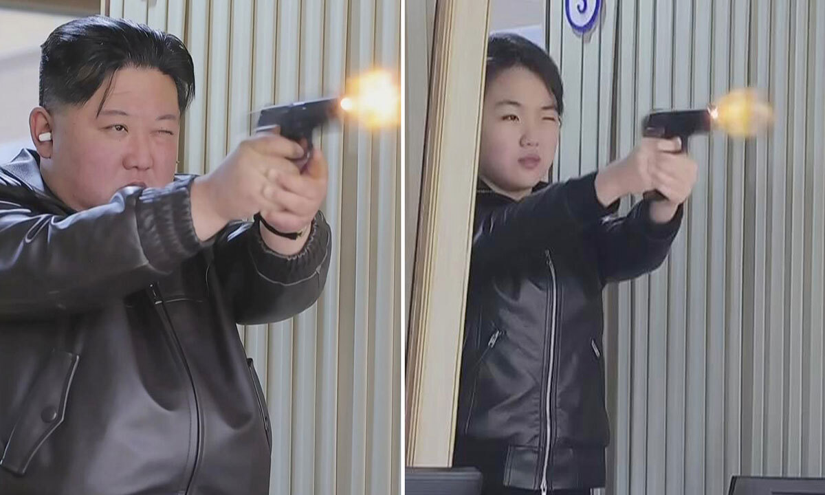 김정은 국무위원장이 딸 주애와 함께 제2경제위원회 산하 중요군수공장을 찾아 11일 신형 권총을 사격하고 있다. 조선중앙TV·뉴시스