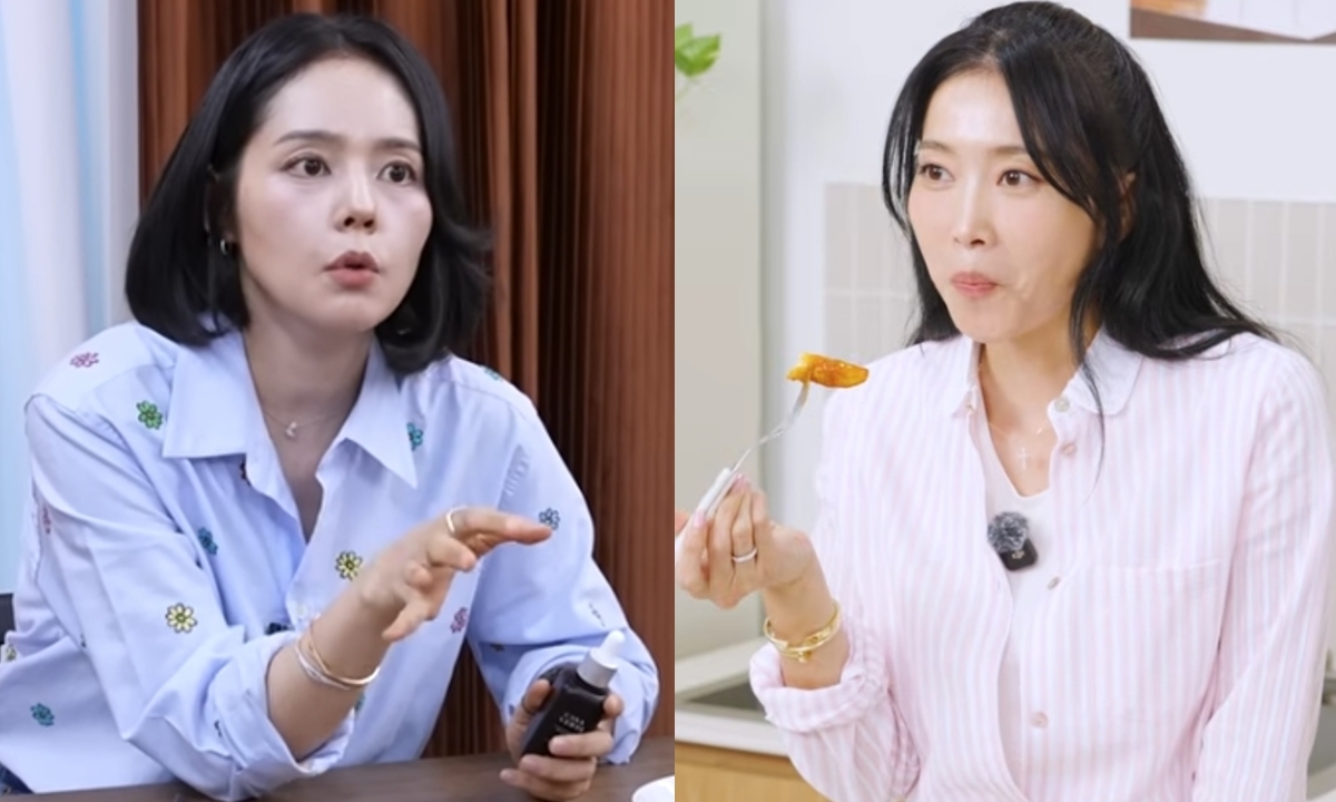 유튜브 콘텐츠에서 레드와인비니거 활용법을 소개한 배우 한가인(왼쪽)과 오윤아. 유튜브 채널 ‘자유부인 한가인’·‘키친인어박스’ 캡처